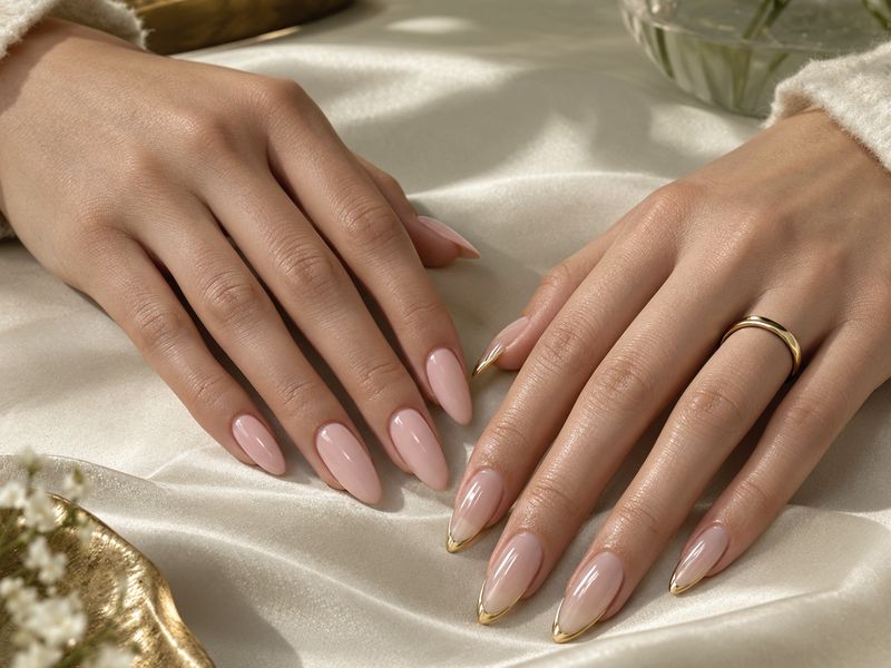 Two hands with soft nude almond nails on ivory silk